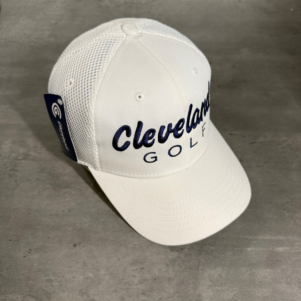 Cleveland Golf Hat S/M White Navy Mesh Back Stretch Fit Baseball Cap NEW